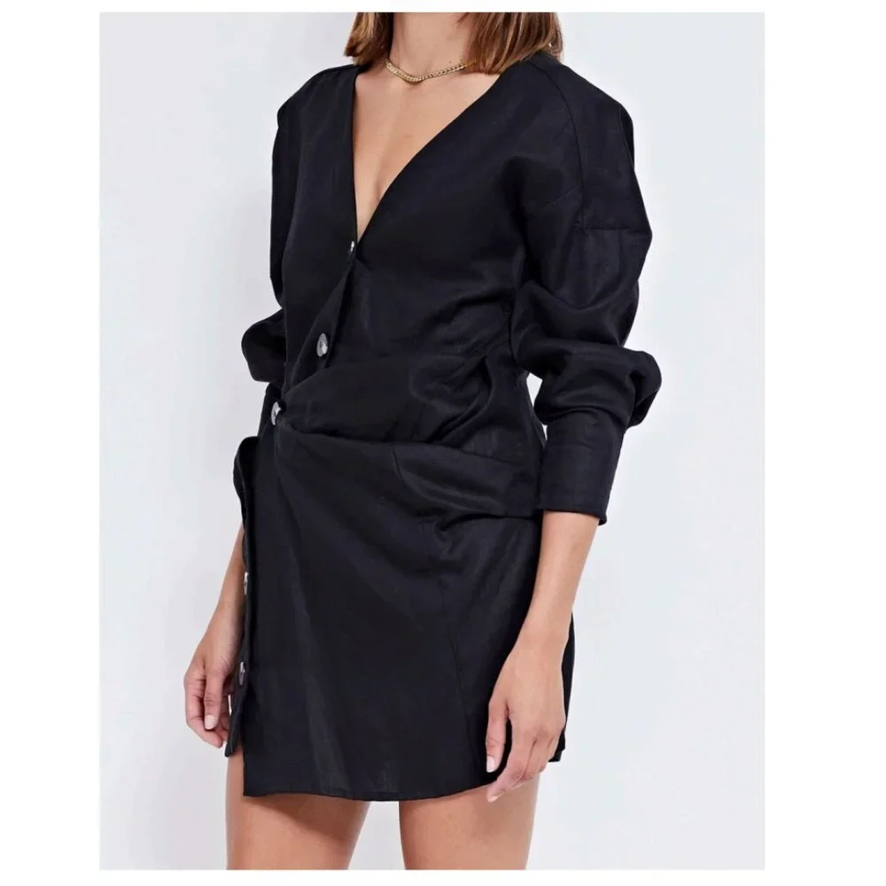 Pfeiffer LOVERS LINEN ASYMMETRICAL TWIST DRESS  BLACK Size Large NWT